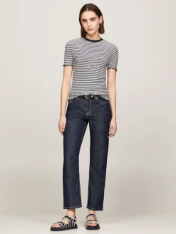 Tommy Hilfiger Naisten T-Paita, SLIM CTN MODAL RIB STP C NECK SS Raidallinen Sininen