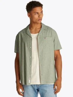Tommy Jeans miesten lyhythihainen kauluspaita, TJM LINEN BLEND CAMP SS EXT Armeijanvihreä