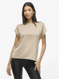 Vila lyhythihainen toppi, VIELLETTE S/S SATIN TOP Cement
