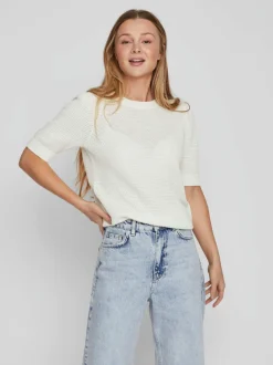 Vila naisten neulepusero, VIDALO O-NECK S/S KNIT TOP Valkoinen