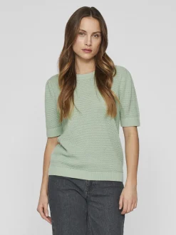 Vila naisten neulepusero, VIDALO O-NECK S/S KNIT TOP Vaaleanvihreä
