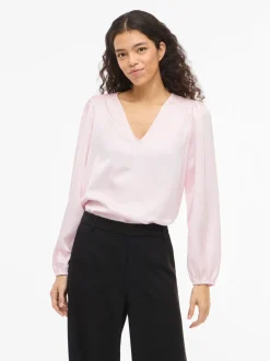 Vila naisten pusero Vielette L/S Smock Satin Top, Cherry Blossom