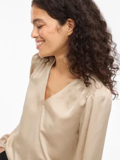 Vila naisten pusero Vielette L/S Smock Satin Top, Cement