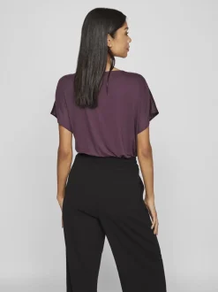 Vila naisten satiinitoppi, VIELLETTE V-NECK S/S SATIN TOP Viininpunainen