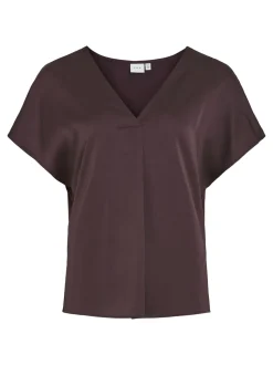 Vila naisten satiinitoppi, VIELLETTE V-NECK S/S SATIN TOP Viininpunainen