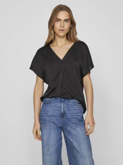 Vila naisten satiinitoppi, VIELLETTE V-NECK S/S SATIN TOP Musta