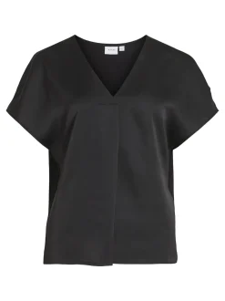 Vila naisten satiinitoppi, VIELLETTE V-NECK S/S SATIN TOP Musta