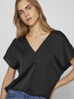 Vila naisten satiinitoppi, VIELLETTE V-NECK S/S SATIN TOP Musta