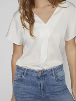 Vila naisten satiinitoppi, VIELLETTE V-NECK S/S SATIN TOP Valkoinen