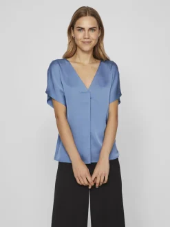 Vila naisten satiinitoppi, VIELLETTE V-NECK S/S SATIN TOP Sininen