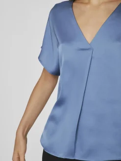 Vila naisten satiinitoppi, VIELLETTE V-NECK S/S SATIN TOP Sininen