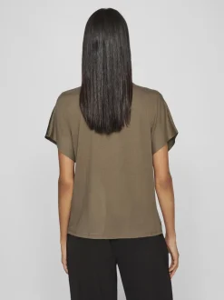 Vila naisten satiinitoppi, VIELLETTE V-NECK S/S SATIN TOP Khaki