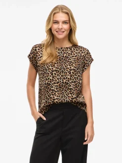 Vila naisten toppi, VIELLETTE S/S FULL SATIN TOP Caramel Café Leo